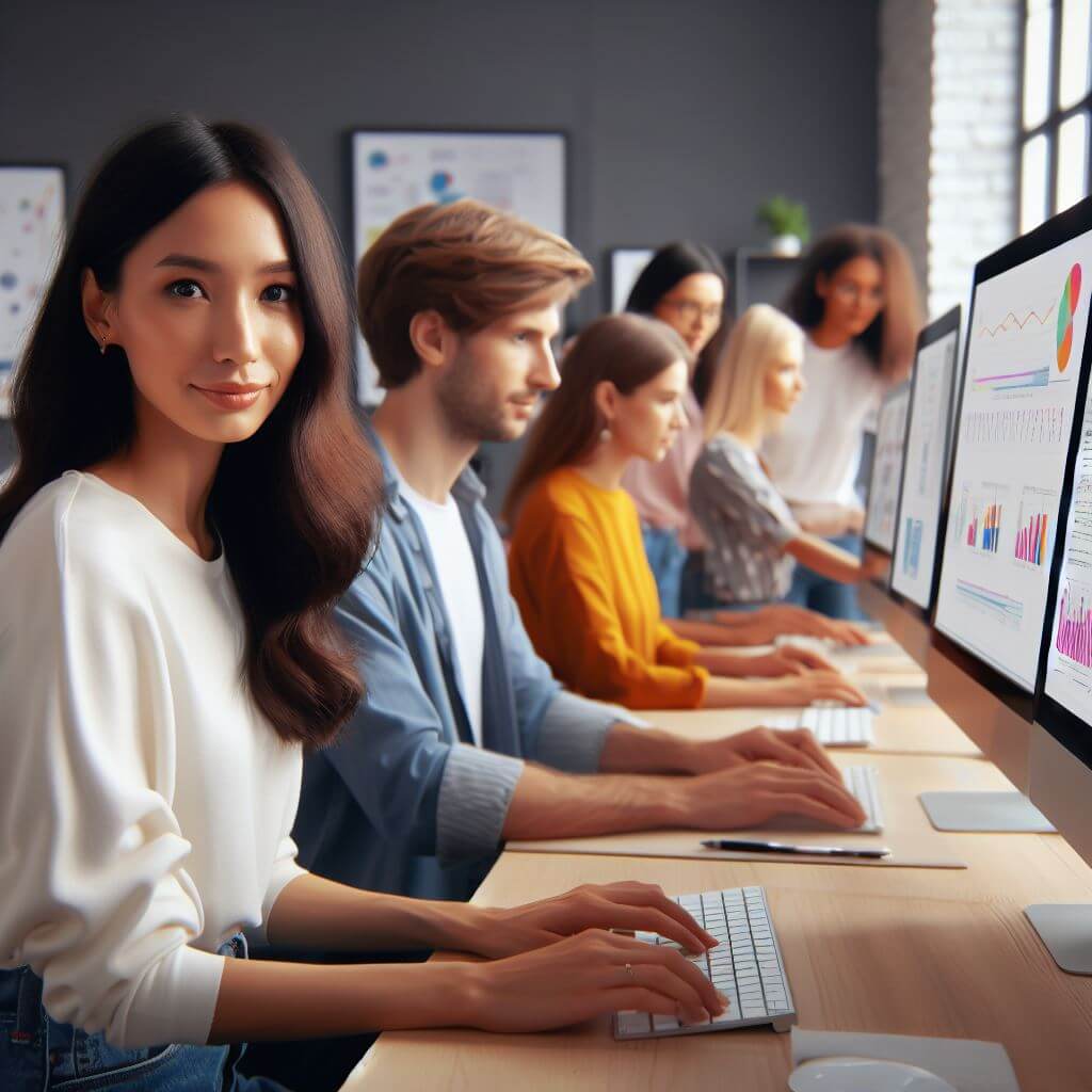 Diverse professionals collaboratively reviewing PPC ads results on computer screens in an office, with a confident woman in the foreground.