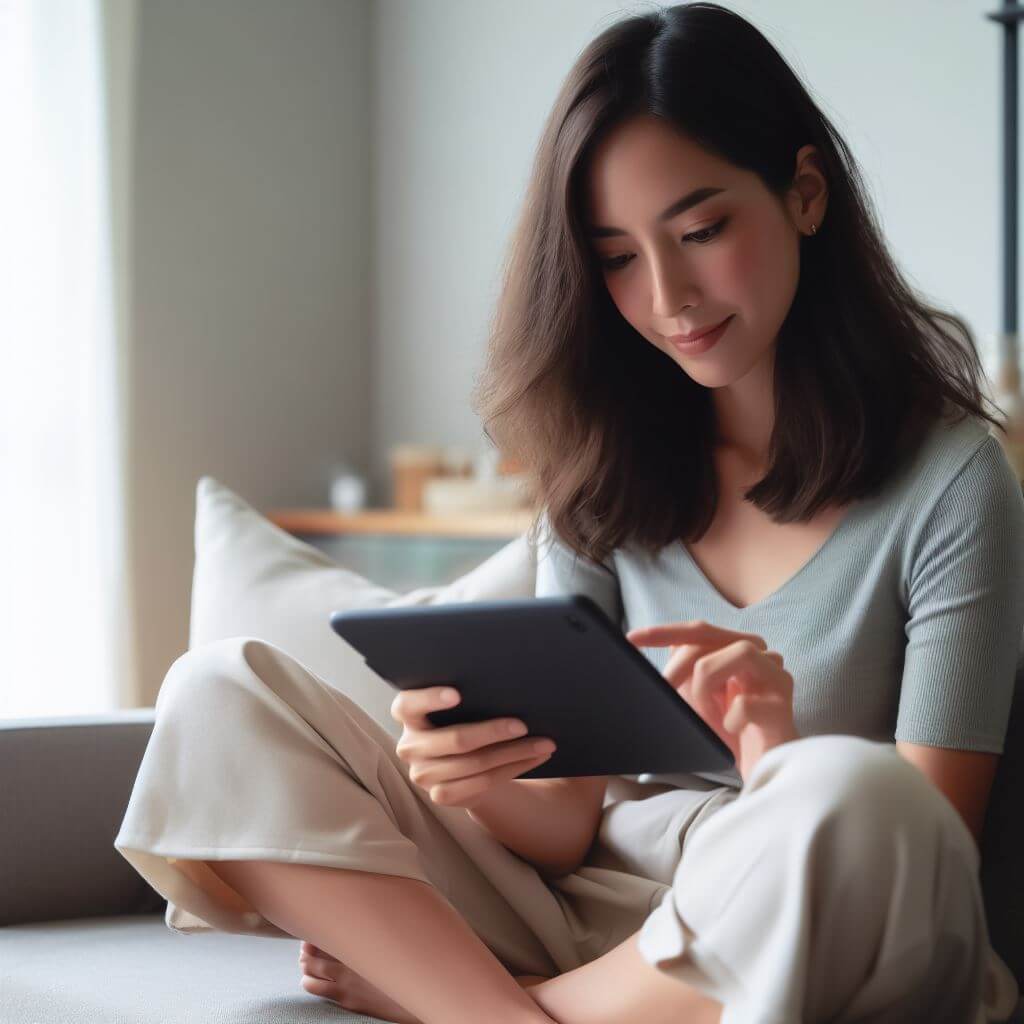 A young woman comfortably seated on a couch, engrossed in reading or interacting with her tablet in a serene indoor setting.